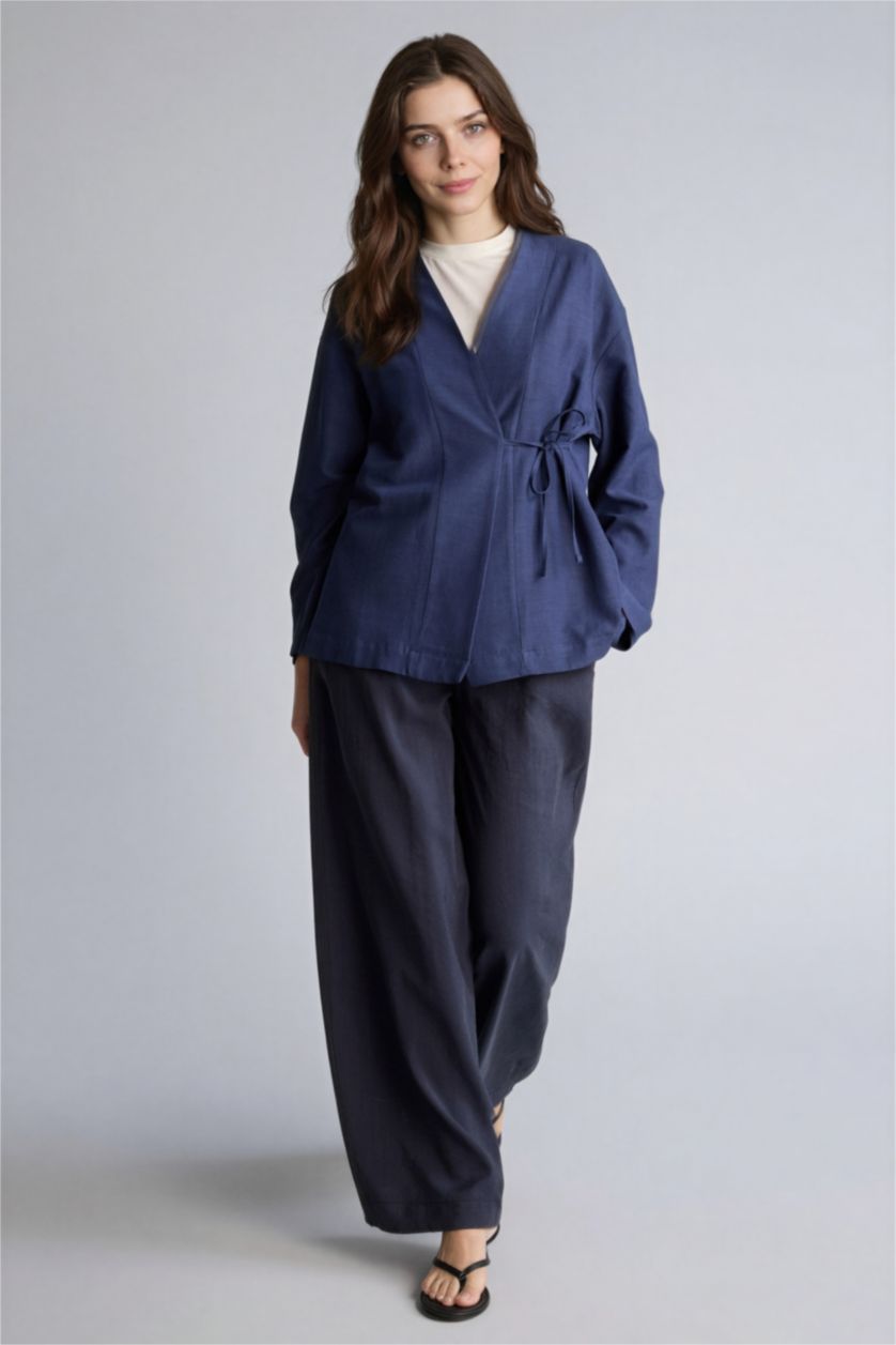 Kadın Lacivert Regular Fıt Keten Karışımlı Uzun Kollu Tunik