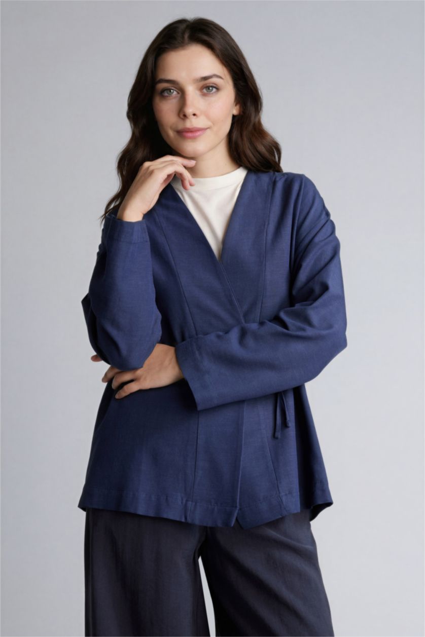 Kadın Lacivert Regular Fıt Keten Karışımlı Uzun Kollu Tunik