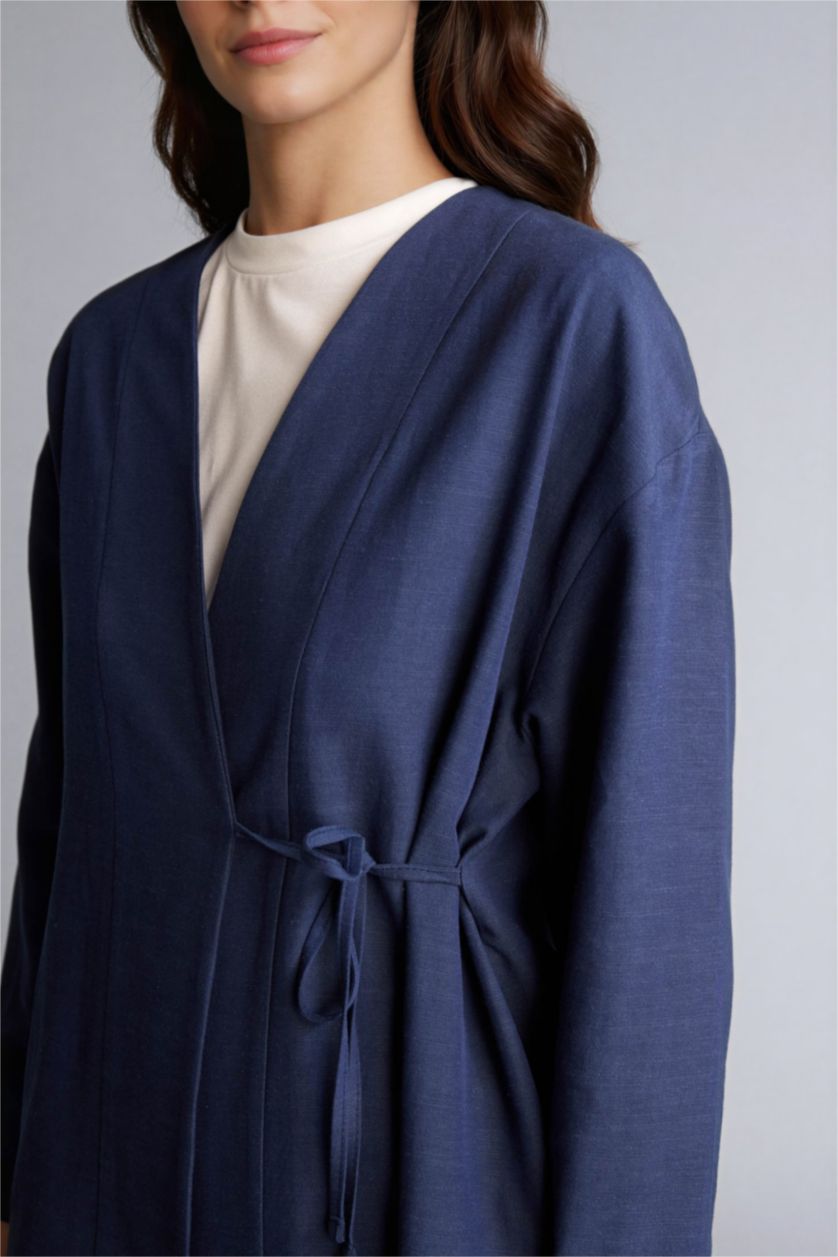 Kadın Lacivert Regular Fıt Keten Karışımlı Uzun Kollu Tunik