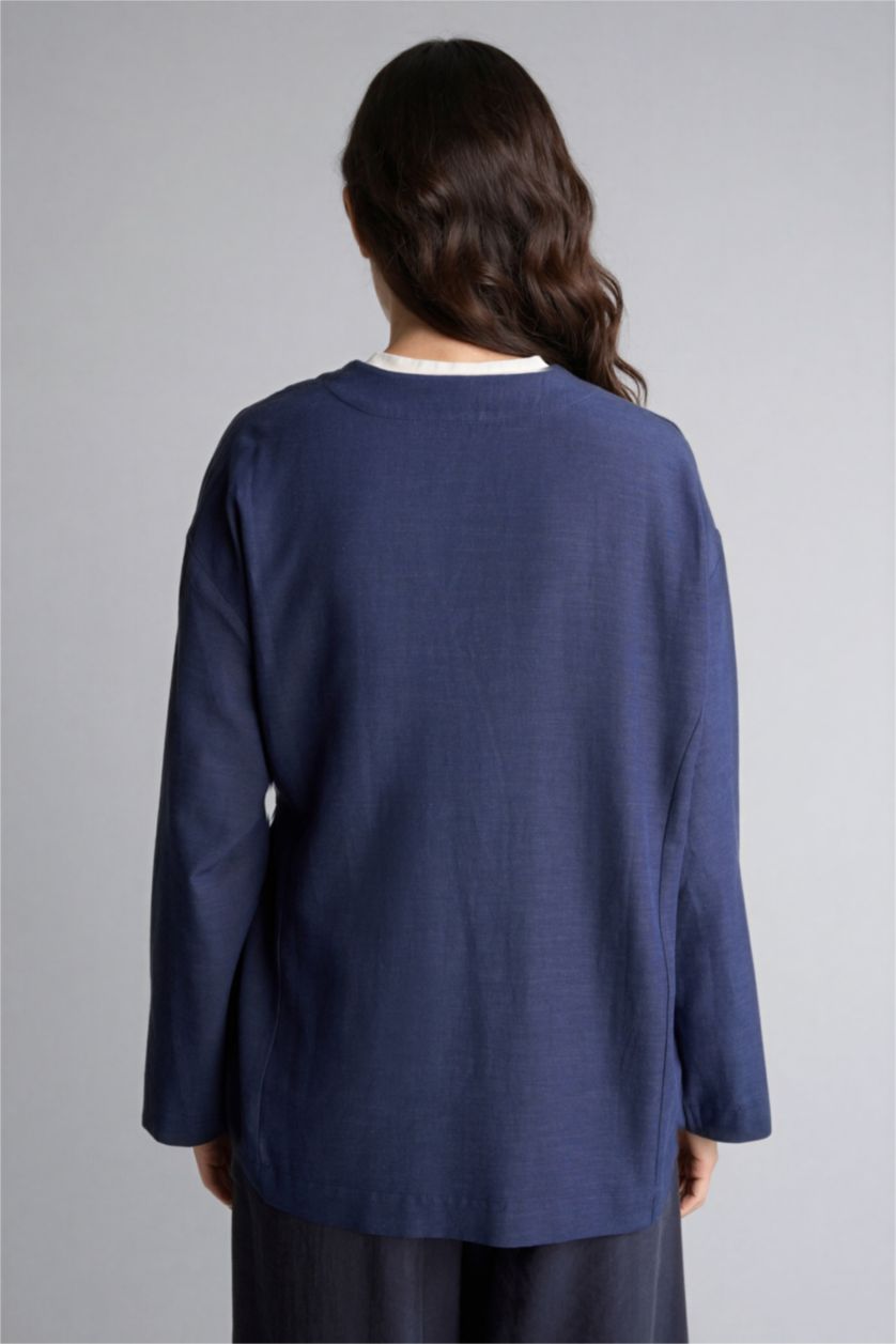 Kadın Lacivert Regular Fıt Keten Karışımlı Uzun Kollu Tunik