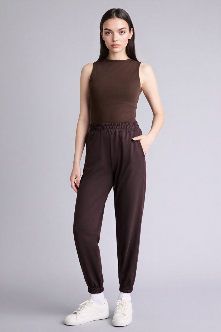 Woman Brown jogger Basic Thin Sweatshirt Fabric Trousers