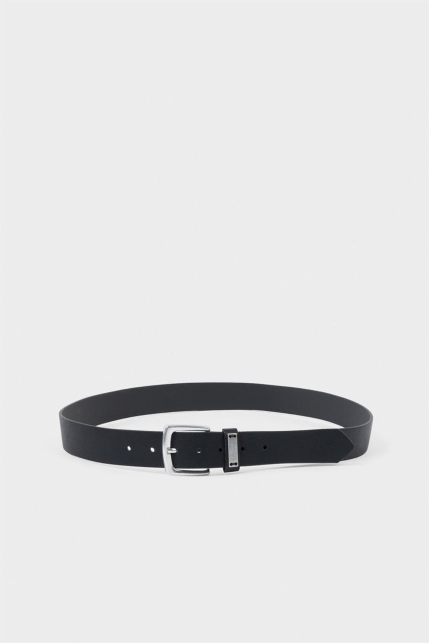 Men Black Man Rectangle Clasp Faux Leather