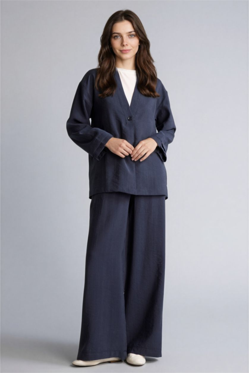 حريمي كحلي بنطلون منسوج قصة مريحة