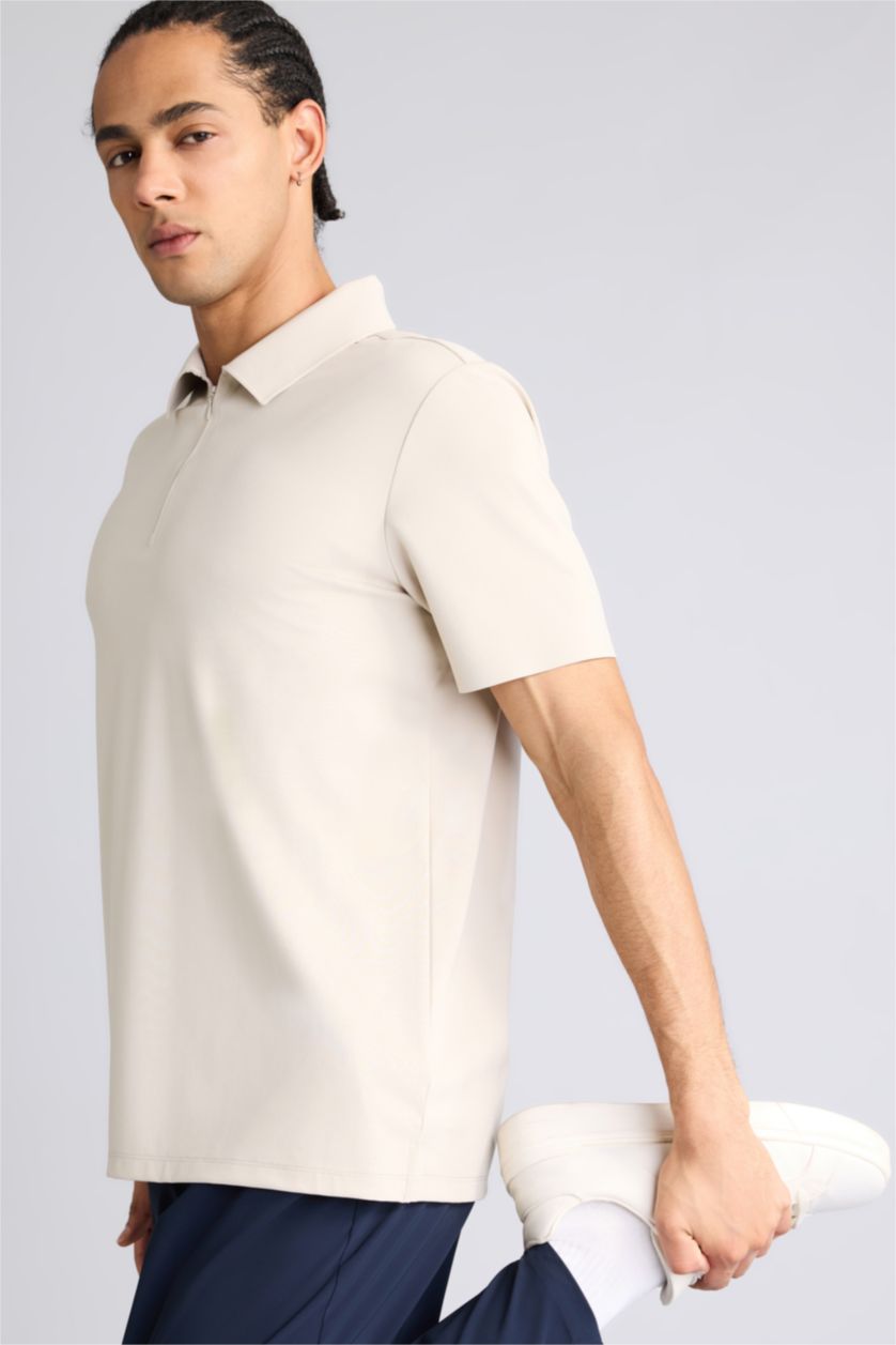 رجالي اللون الرملي تيشيرت بولو نص كم قصة عادية