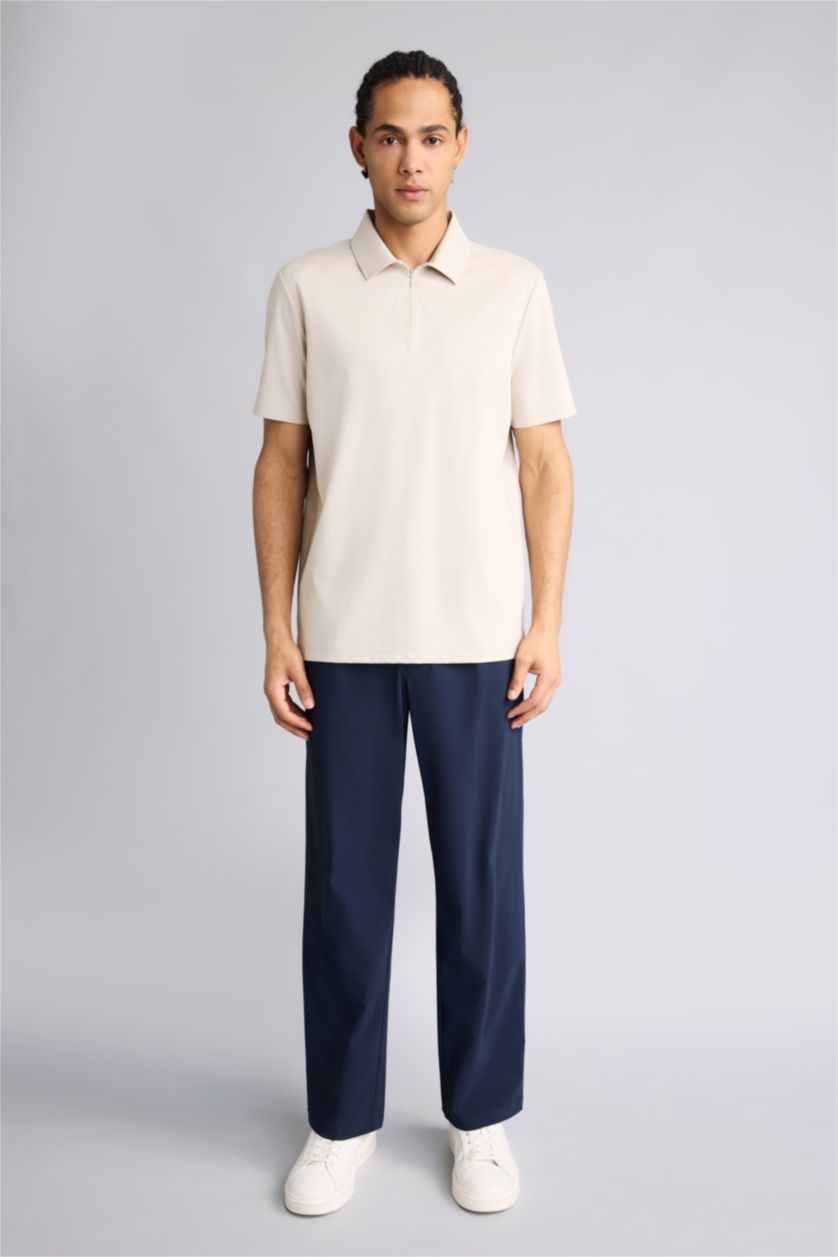 رجالي اللون الرملي تيشيرت بولو نص كم قصة عادية