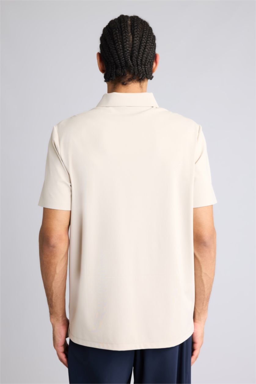 رجالي اللون الرملي تيشيرت بولو نص كم قصة عادية