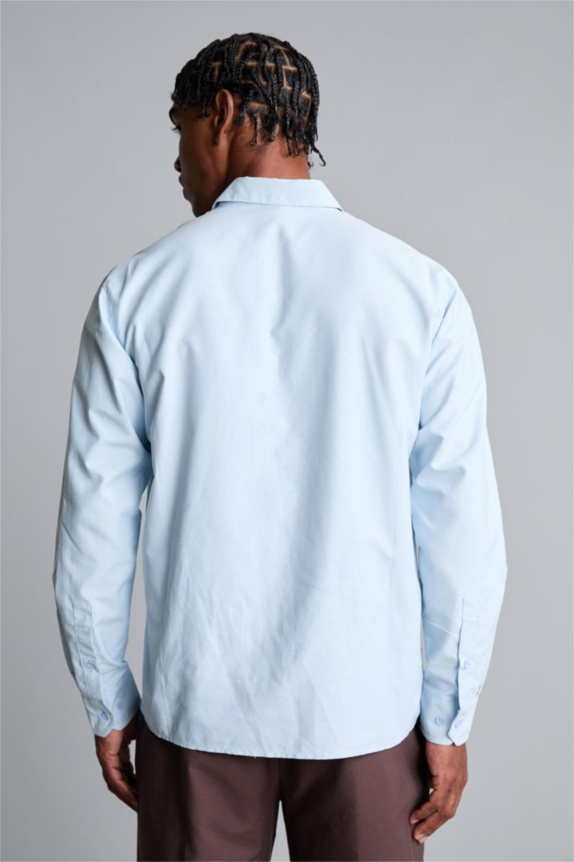 MAN Light Blue Standard Fit Blue Linen Long Sleeve Shirt