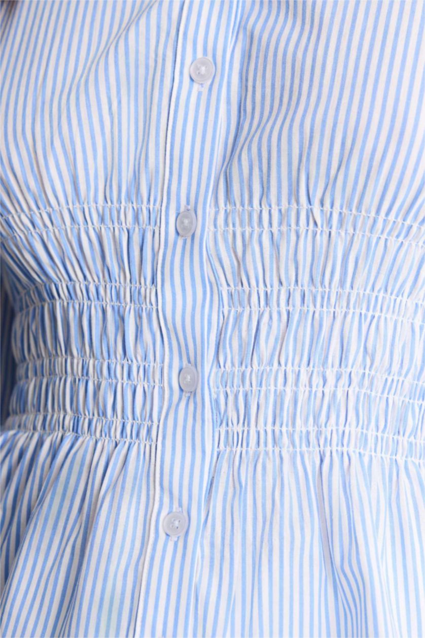 WOMAN Blue Slim Fit Shirt Collar Poplin Striped Long Sleeve Shirt