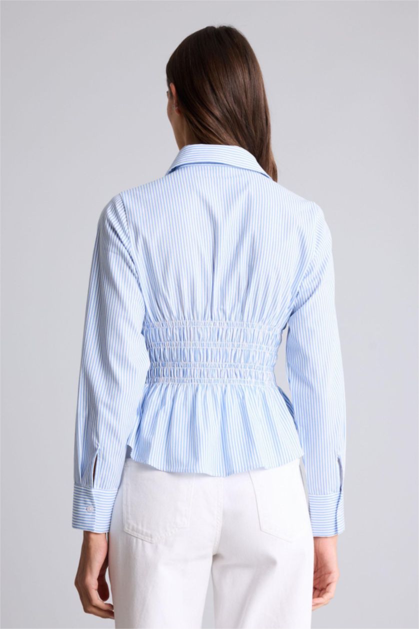 WOMAN Blue Slim Fit Shirt Collar Poplin Striped Long Sleeve Shirt