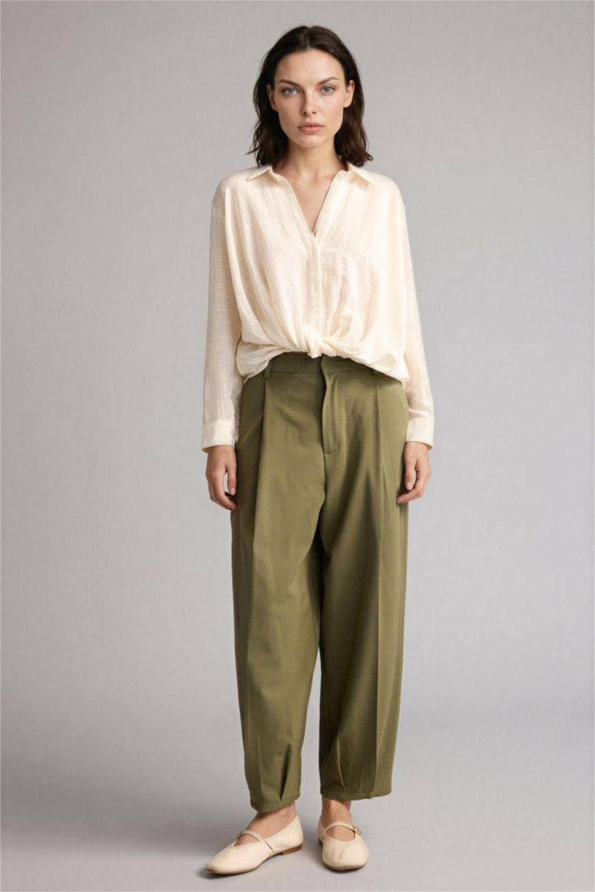 Kadın Ekru Regular Fıt Gömlek Yaka Çizgili Simli Kumaş Uzun Kollu Gömlek