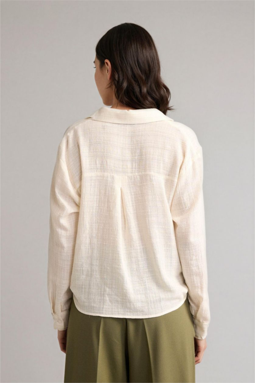 Kadın Ekru Regular Fıt Gömlek Yaka Çizgili Simli Kumaş Uzun Kollu Gömlek