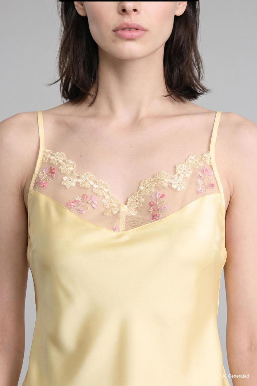 Women Light Yellow Regular Fit Strappy Tulle Detail 2 Piece Satin Pyjama Set