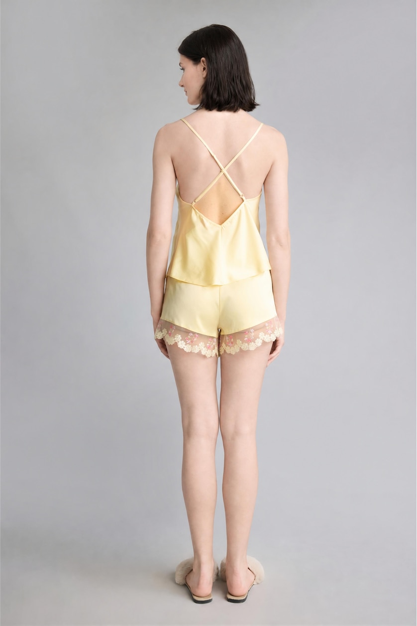 Women Light Yellow Regular Fit Strappy Tulle Detail 2 Piece Satin Pyjama Set
