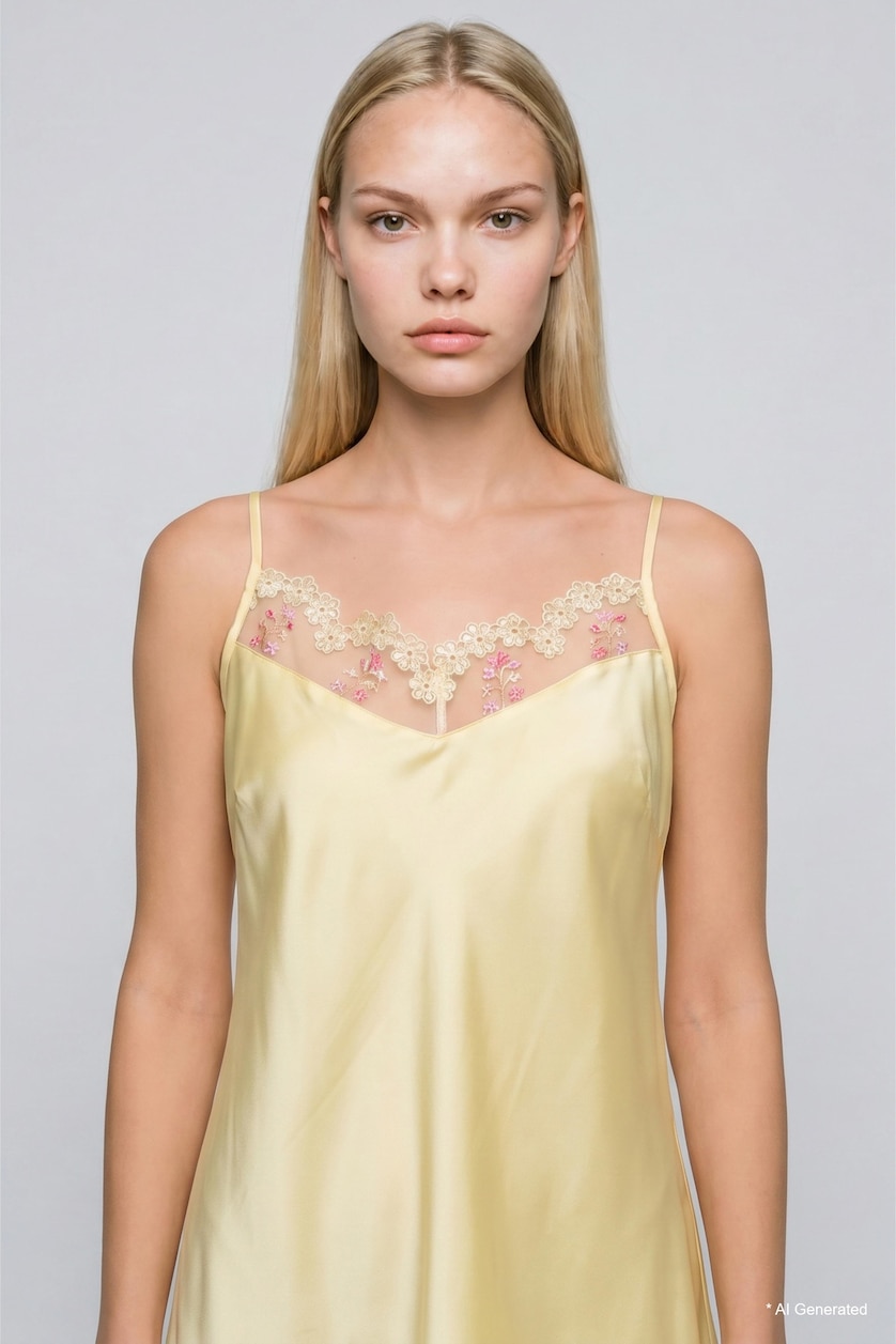 Women Light Yellow Regular Fit V-Neck Satin Strappy Nightgown