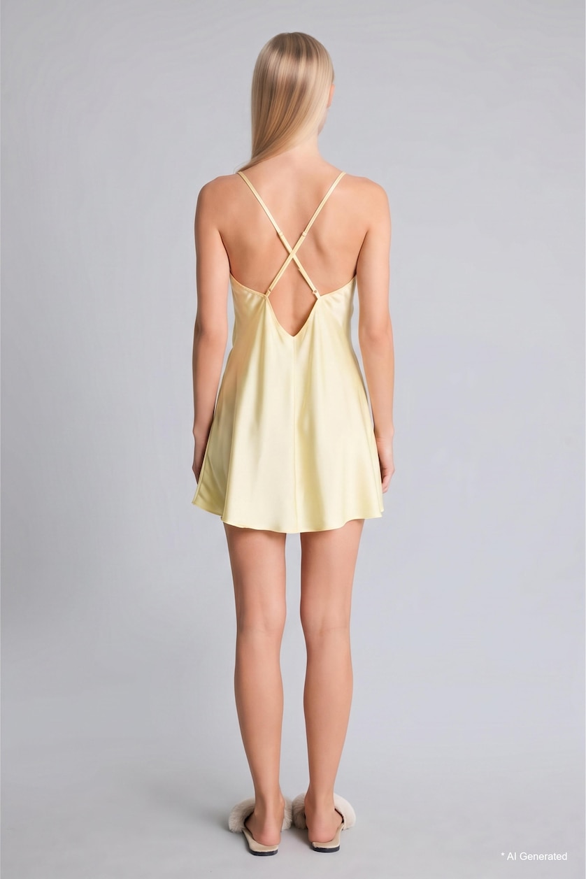 Women Light Yellow Regular Fit V-Neck Satin Strappy Nightgown