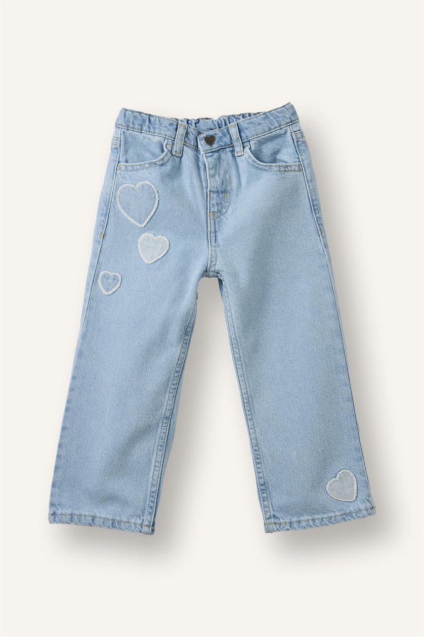 Kız Bebek Açık Mavi Kalp Patchli Pamuklu Pantolon Kız Bebek
