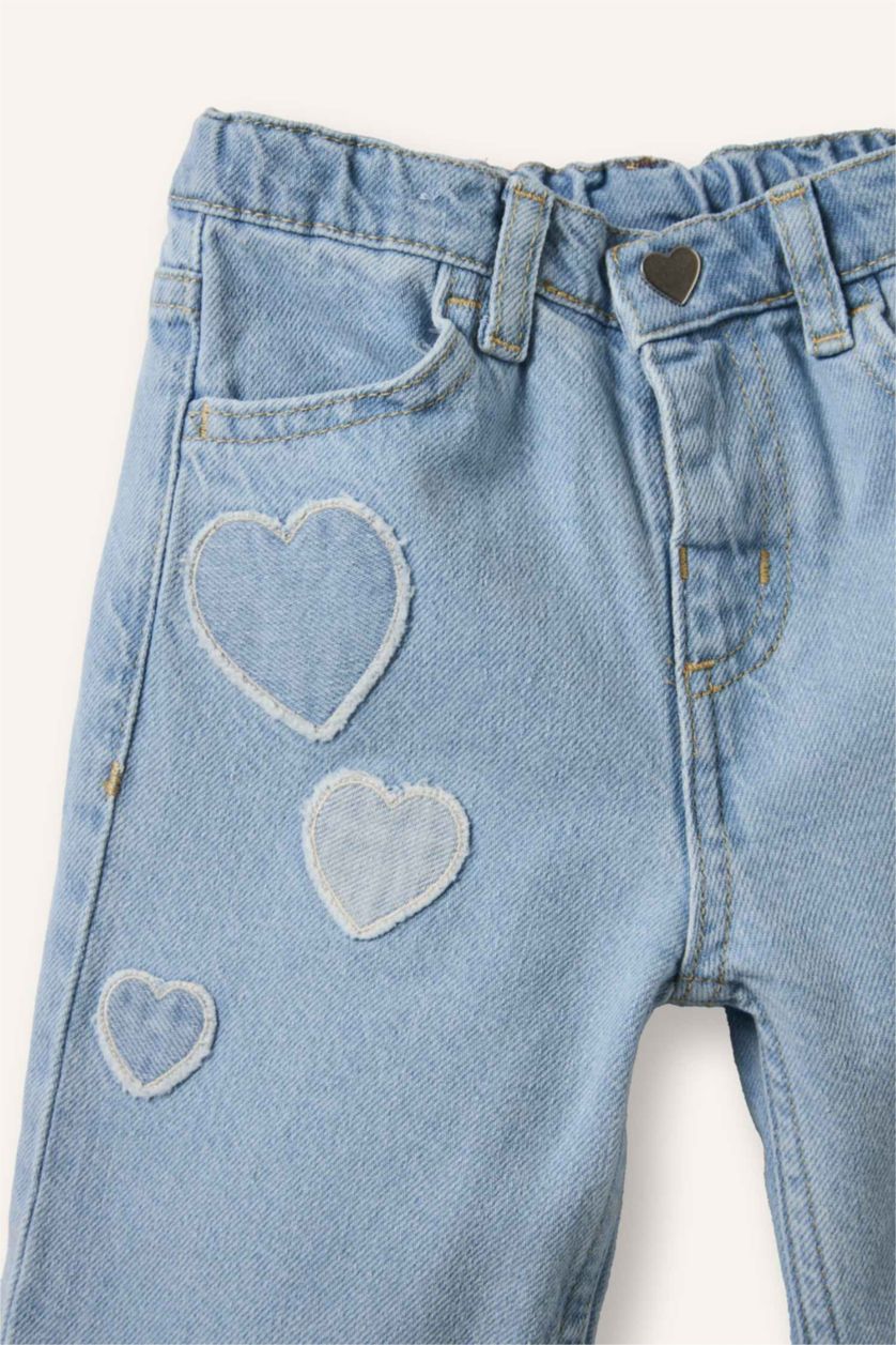 Kız Bebek Açık Mavi Kalp Patchli Pamuklu Pantolon Kız Bebek