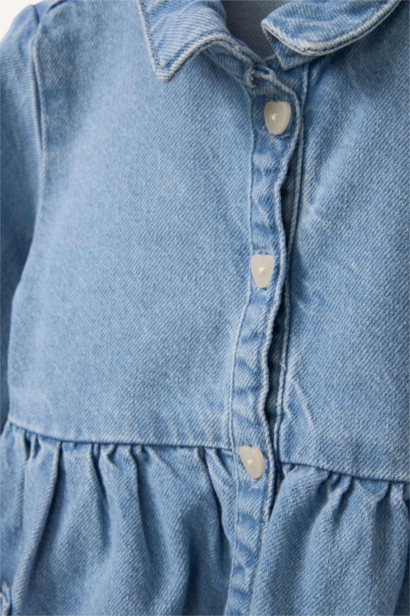 Kız Bebek Açık Mavi Uzun Kollu Jean Elbise Kız Bebek