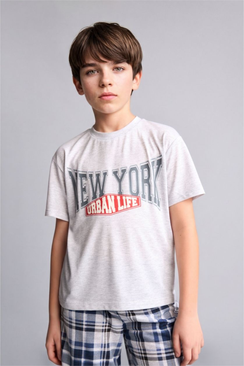 Boys & Teens Light Grey Melange سيت بجامة ولادي قصة عادية - قطعتين