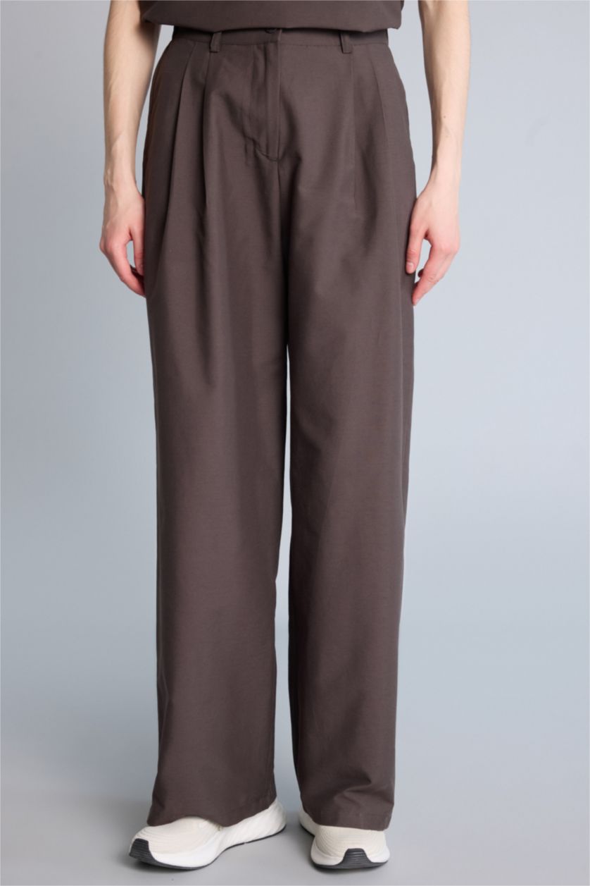 Kadın Kahve Wide Leg Keten Pantolon