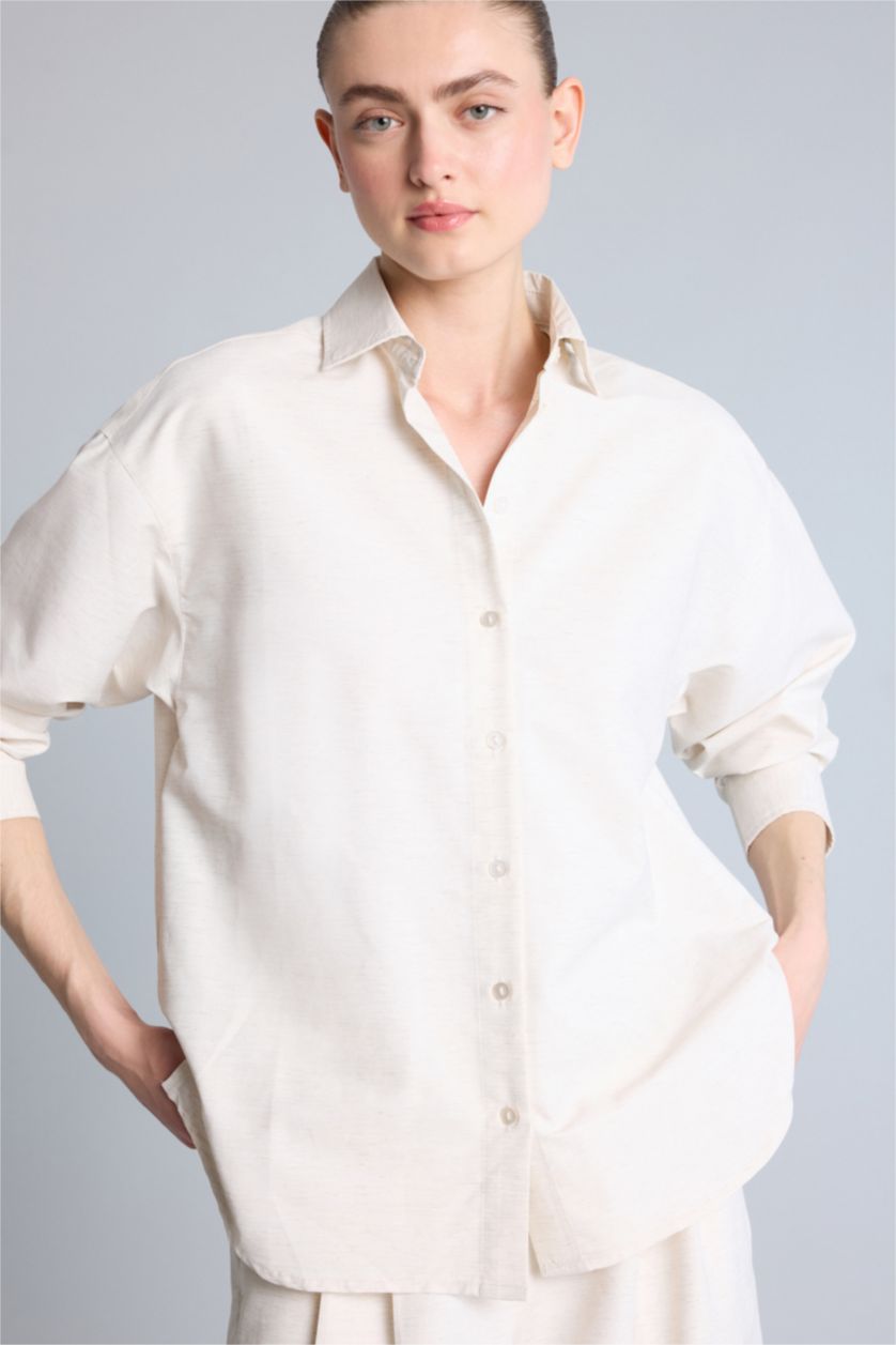 Women Doğal Açık Bej Oversize Fit linen Long Sleeve Shirt