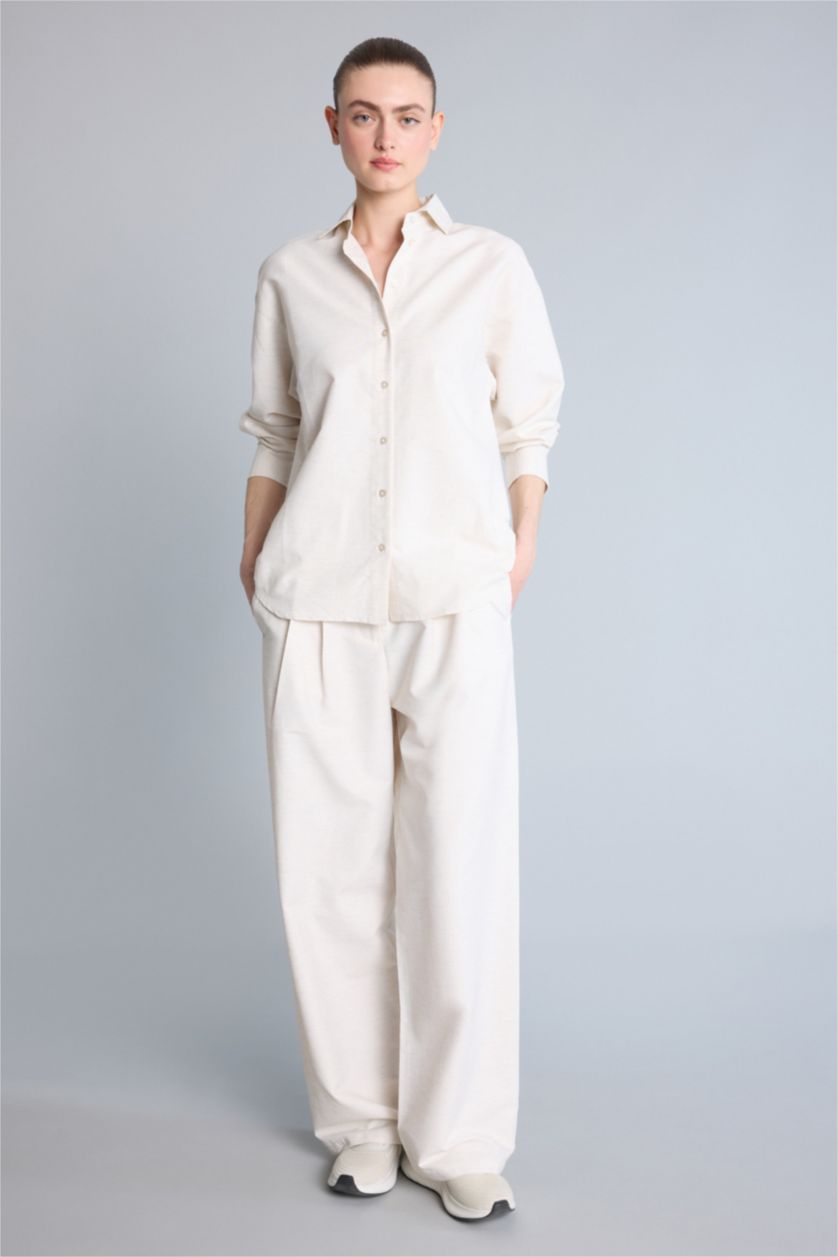 Women Doğal Açık Bej Oversize Fit linen Long Sleeve Shirt