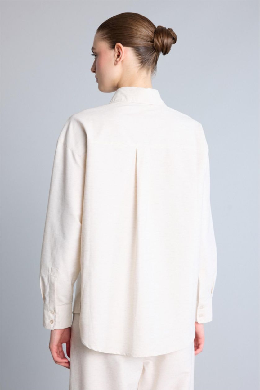 Women Doğal Açık Bej Oversize Fit linen Long Sleeve Shirt