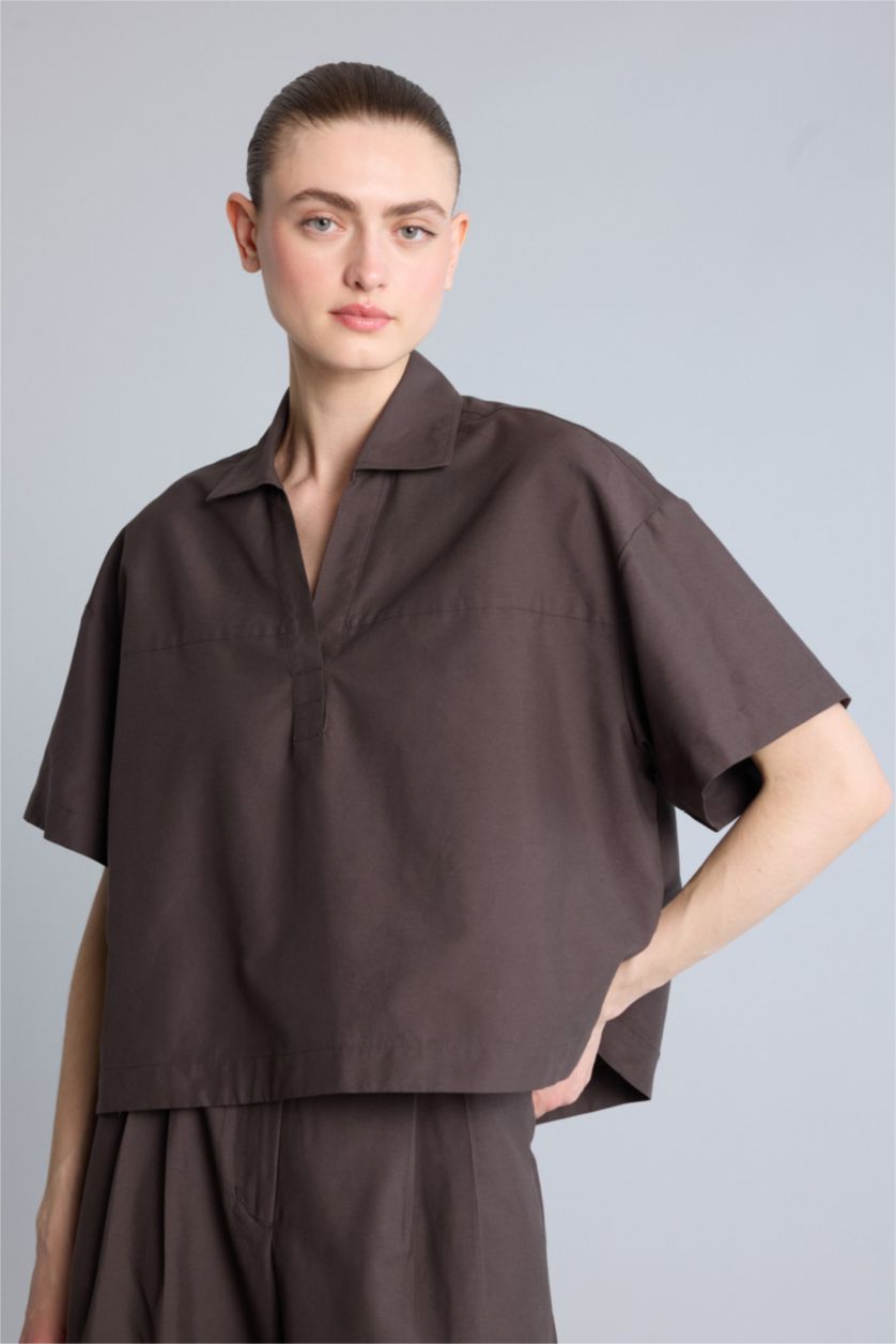 Kadın Kahve Oversize Kısa kollu Gömlek