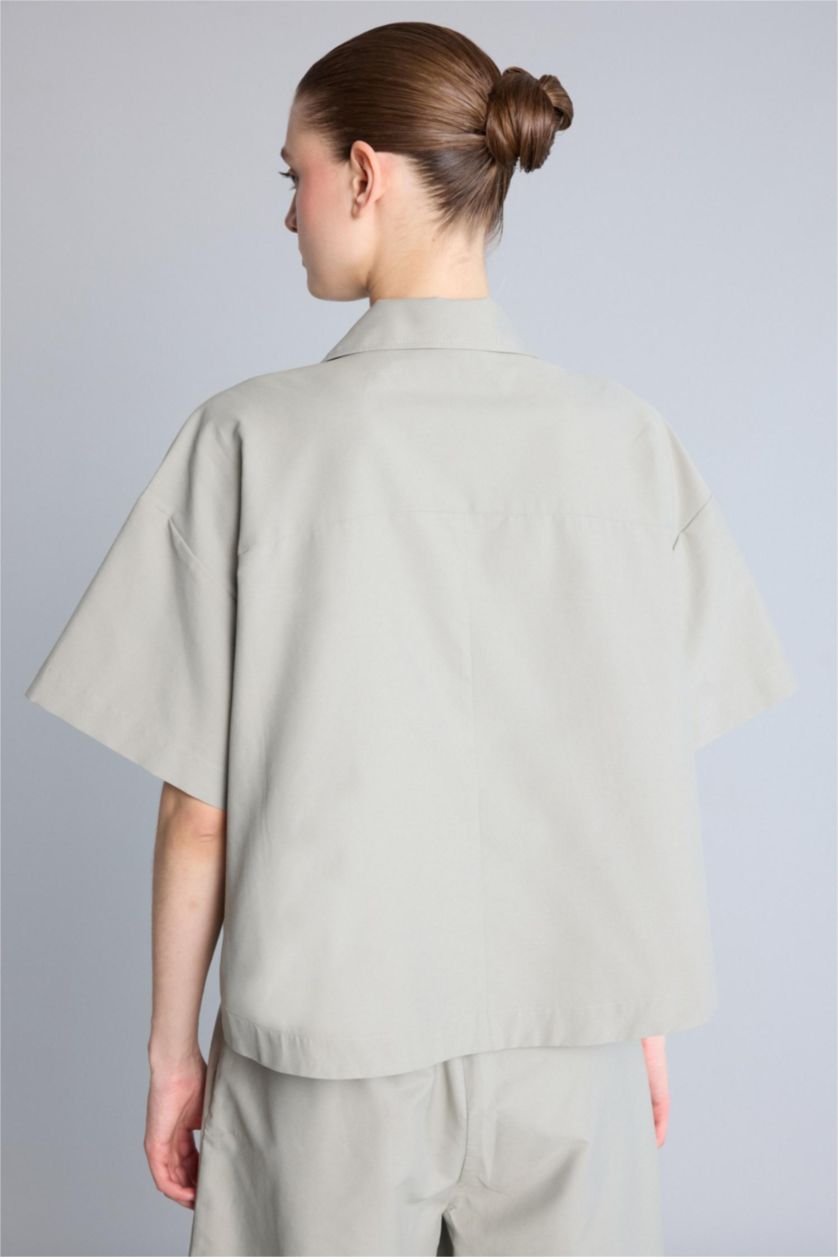Kadın Açık Haki Oversize Keten Karışımlı Kısa kollu Gömlek