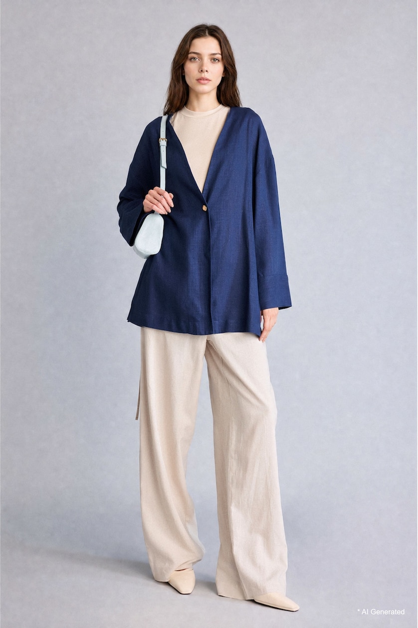 WOMAN NAVY Regular Fit Navy Linen Kimono