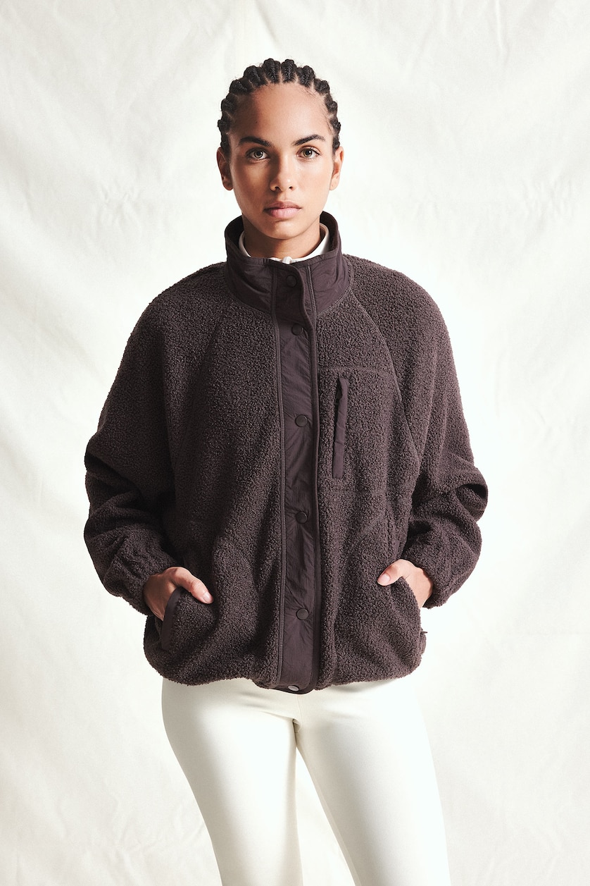 Women Dark Brown Regular Fit Zip-Up Plush Jacket