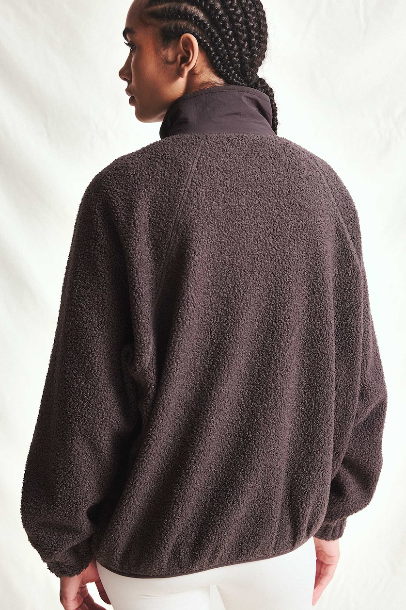 Women Dark Brown Regular Fit Zip-Up Plush Jacket