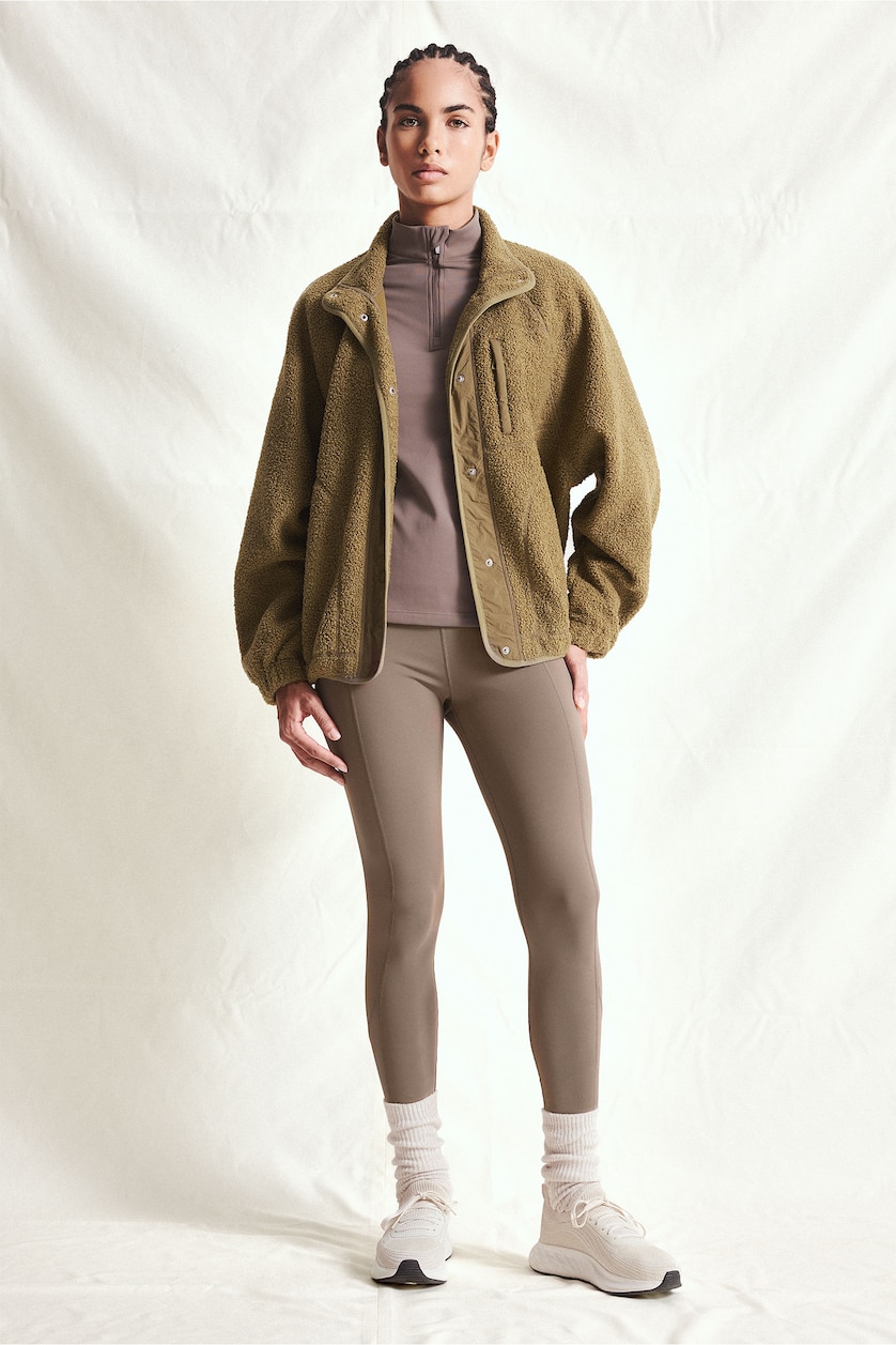 Women Khaki Regular Fit Zip-Up Plush Jacket
