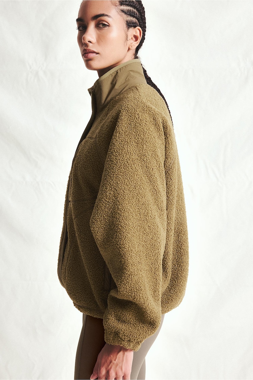 Women Khaki Regular Fit Zip-Up Plush Jacket