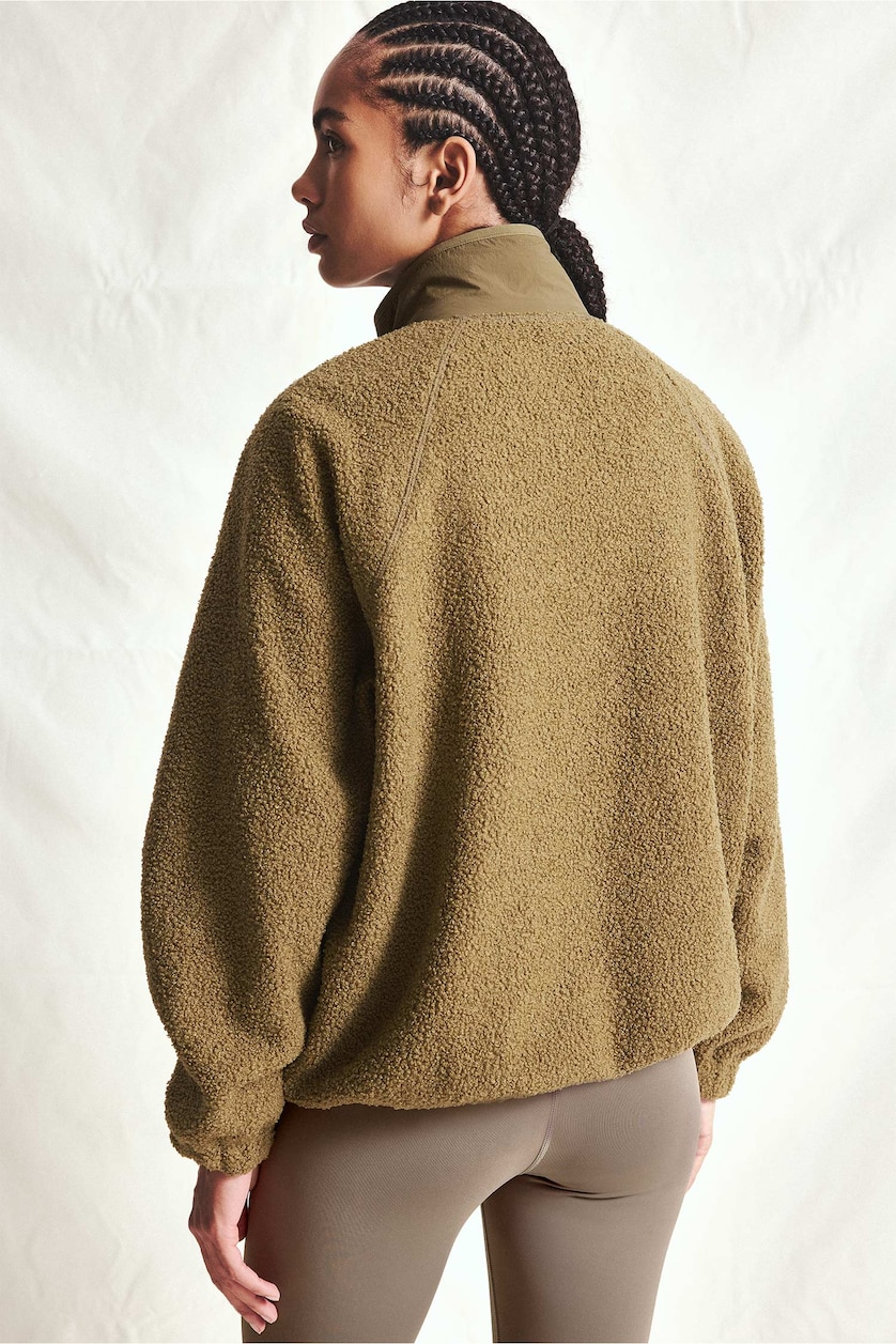 Women Khaki Regular Fit Zip-Up Plush Jacket