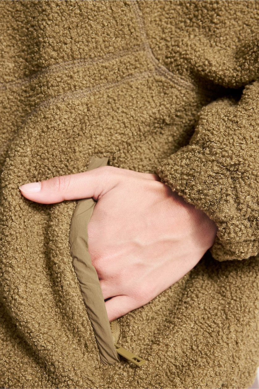 Women Khaki Regular Fit Zip-Up Plush Jacket