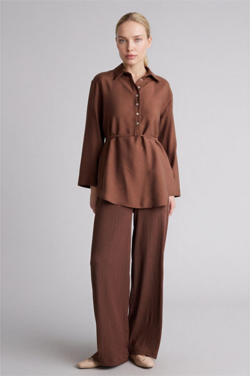 WOMAN Brown Straight Fit Straight Leg Crinkle Trousers