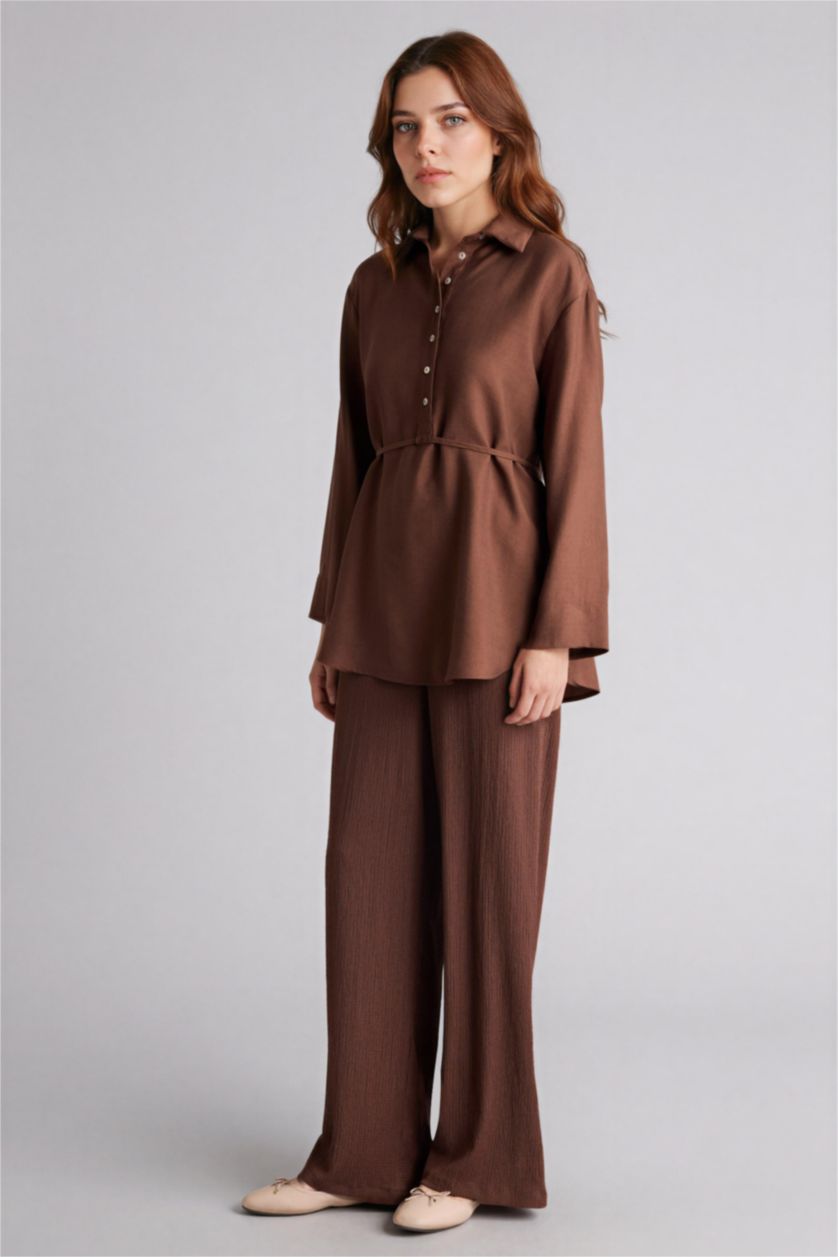Kadın Kahve Straıght Fıt Düz Paça Bürümcük Pantolon