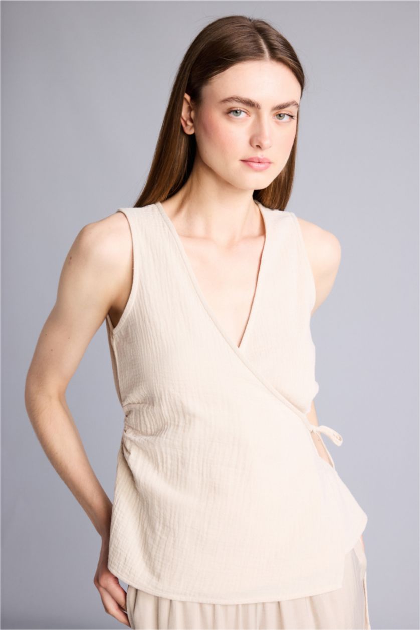 WOMAN Beige Slim Fit Wrap Collar Sleeveless Blouse