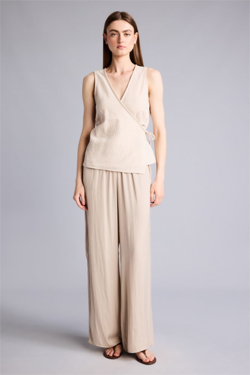 WOMAN Beige Slim Fit Wrap Collar Sleeveless Blouse