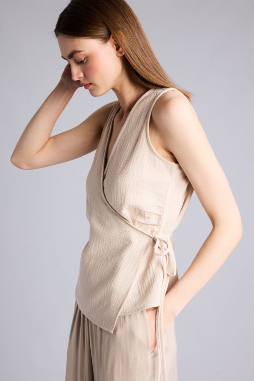 WOMAN Beige Slim Fit Wrap Collar Sleeveless Blouse