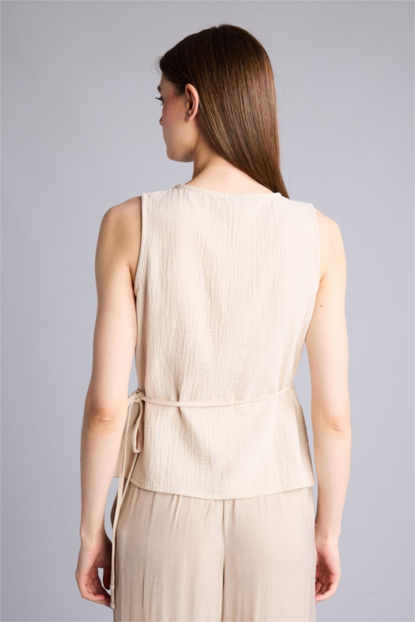WOMAN Beige Slim Fit Wrap Collar Sleeveless Blouse