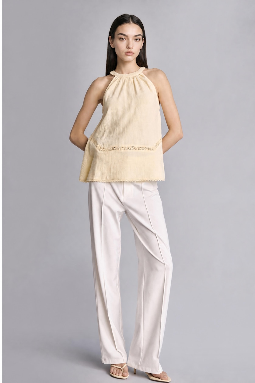 WOMAN Light Yellow Regular Fit Halter Neck Muslin Sleeveless Top