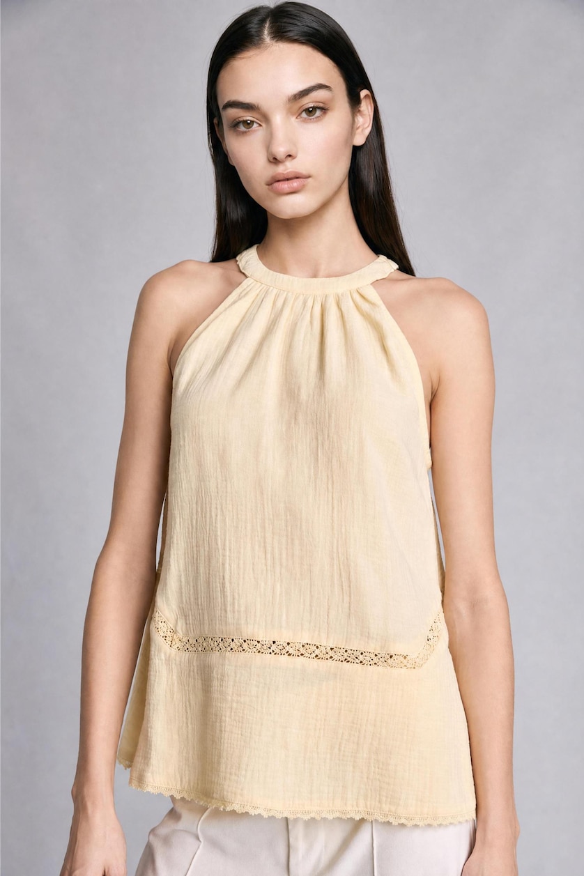 WOMAN Light Yellow Regular Fit Halter Neck Muslin Sleeveless Top