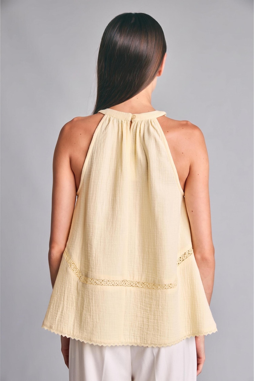 WOMAN Light Yellow Regular Fit Halter Neck Muslin Sleeveless Top