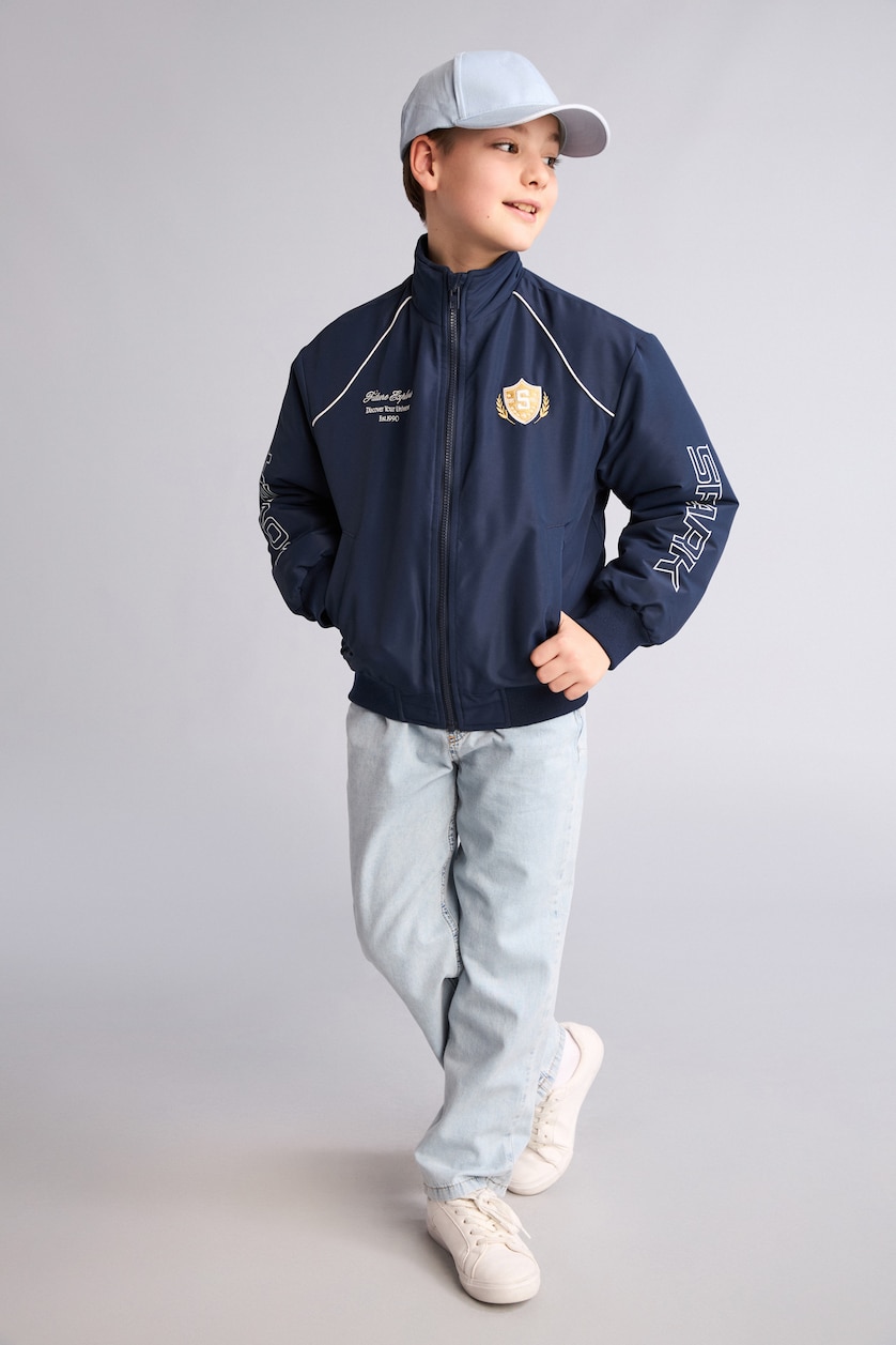 BOYS & TEENS NAVY Boy Windproof High Neck Printed Bomber Jacket
