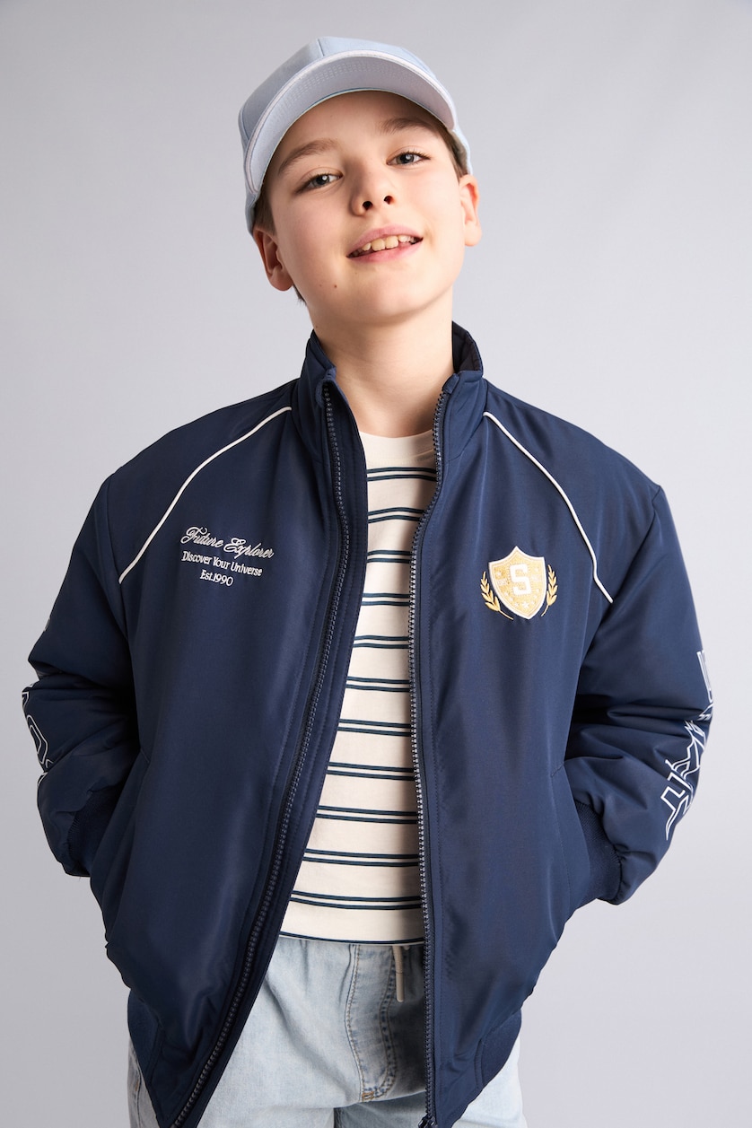 BOYS & TEENS NAVY Boy Windproof High Neck Printed Bomber Jacket