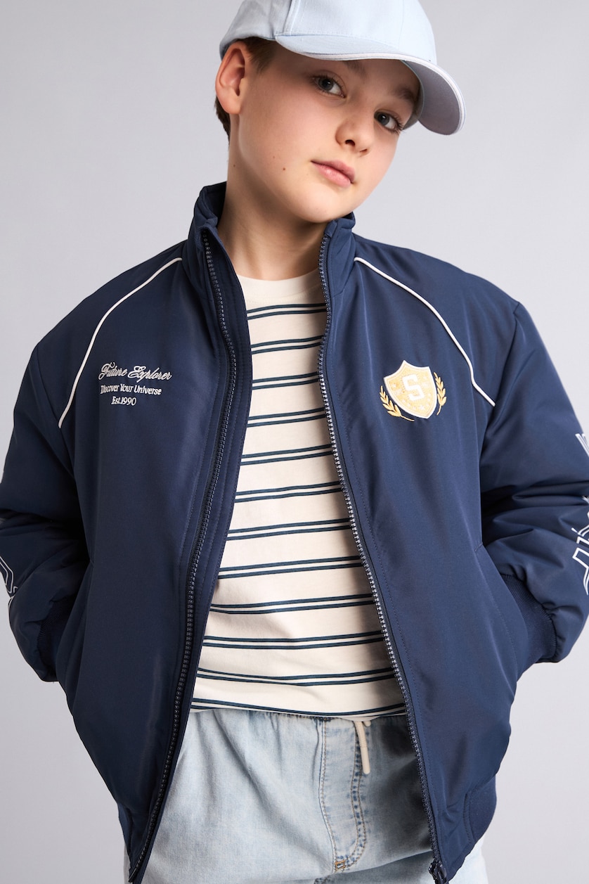 BOYS & TEENS NAVY Boy Windproof High Neck Printed Bomber Jacket