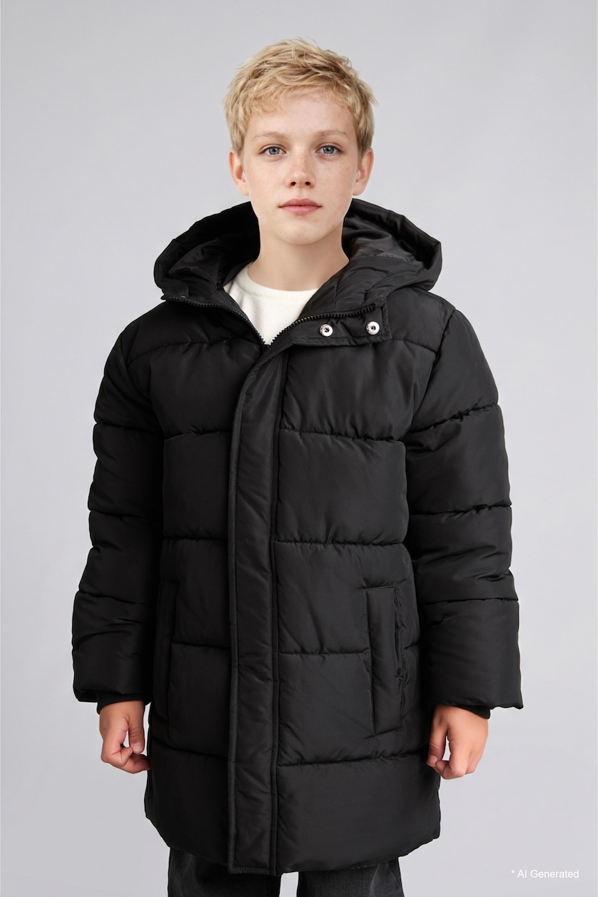 GARÇONS Noir Manteau Doudoune à capuche imperméable et coupe-vent pour garçon