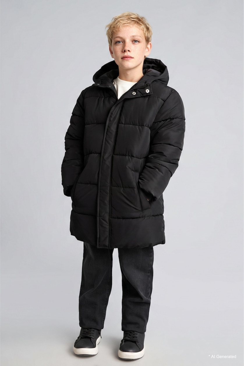 GARÇONS Noir Manteau Doudoune à capuche imperméable et coupe-vent pour garçon